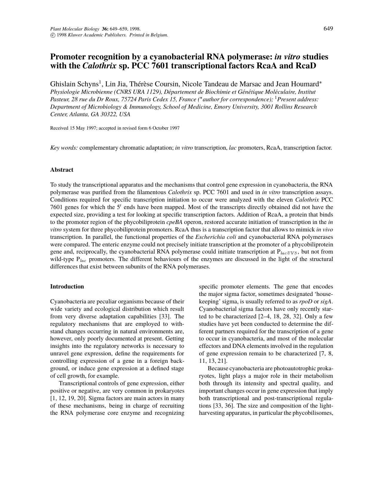 Promoter recognition by a cyanobacterial RNA polymerase: in vitro studies with the Calothrix sp. PCC 7601 transcriptional factors RcaA and RcaD by Unknown