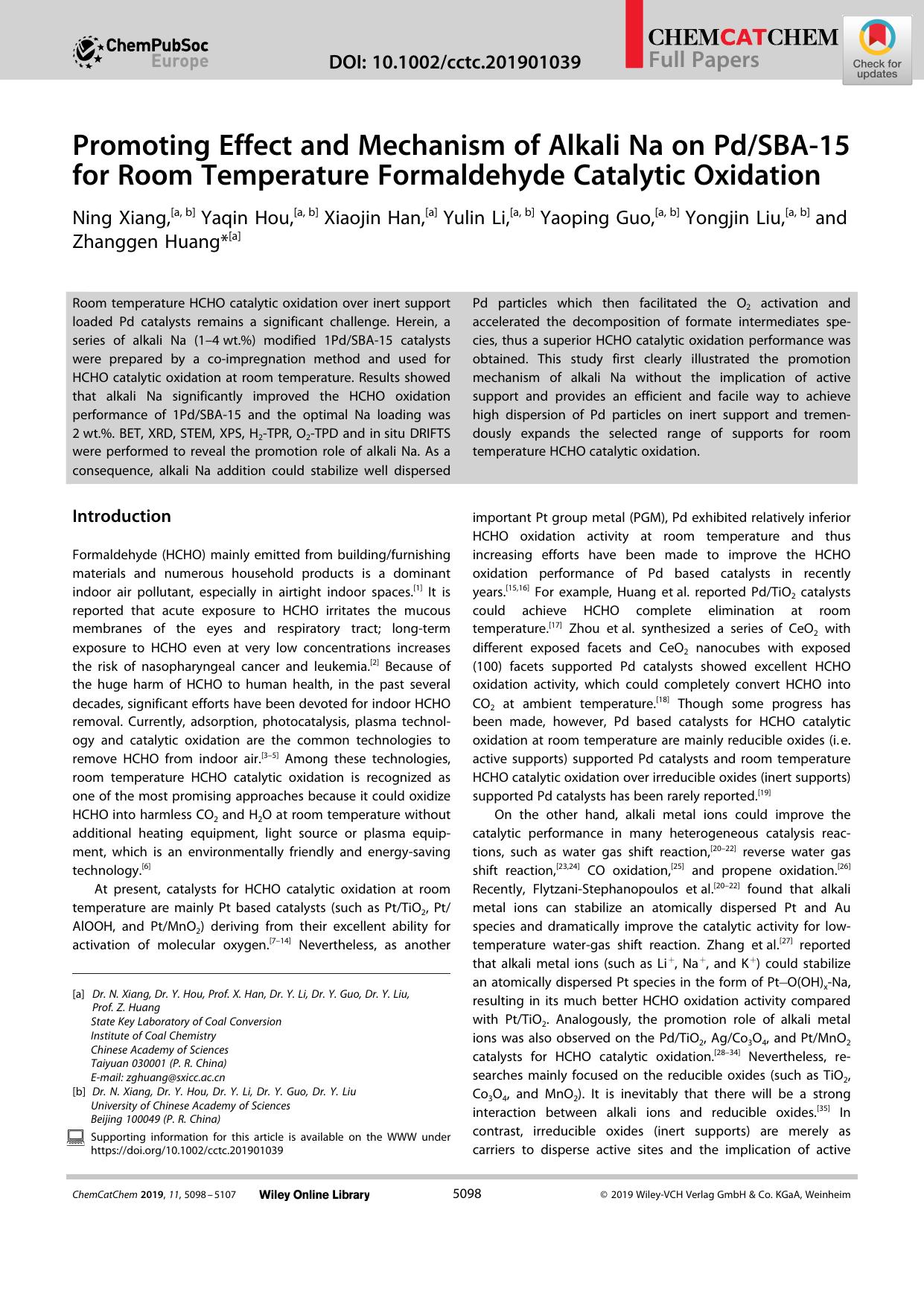 Promoting Effect and Mechanism of Alkali Na on PdSBAâ15 for Room Temperature Formaldehyde Catalytic Oxidation by Unknown