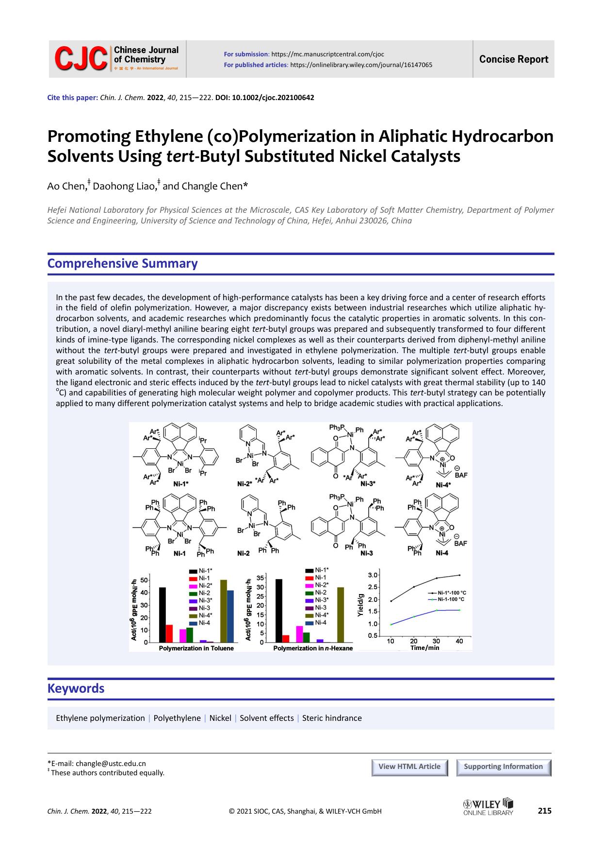 Promoting Ethylene (co)Polymerization in Aliphatic Hydrocar-bon Solvents Using tert-Butyl Substituted Nickel Catalysts by User
