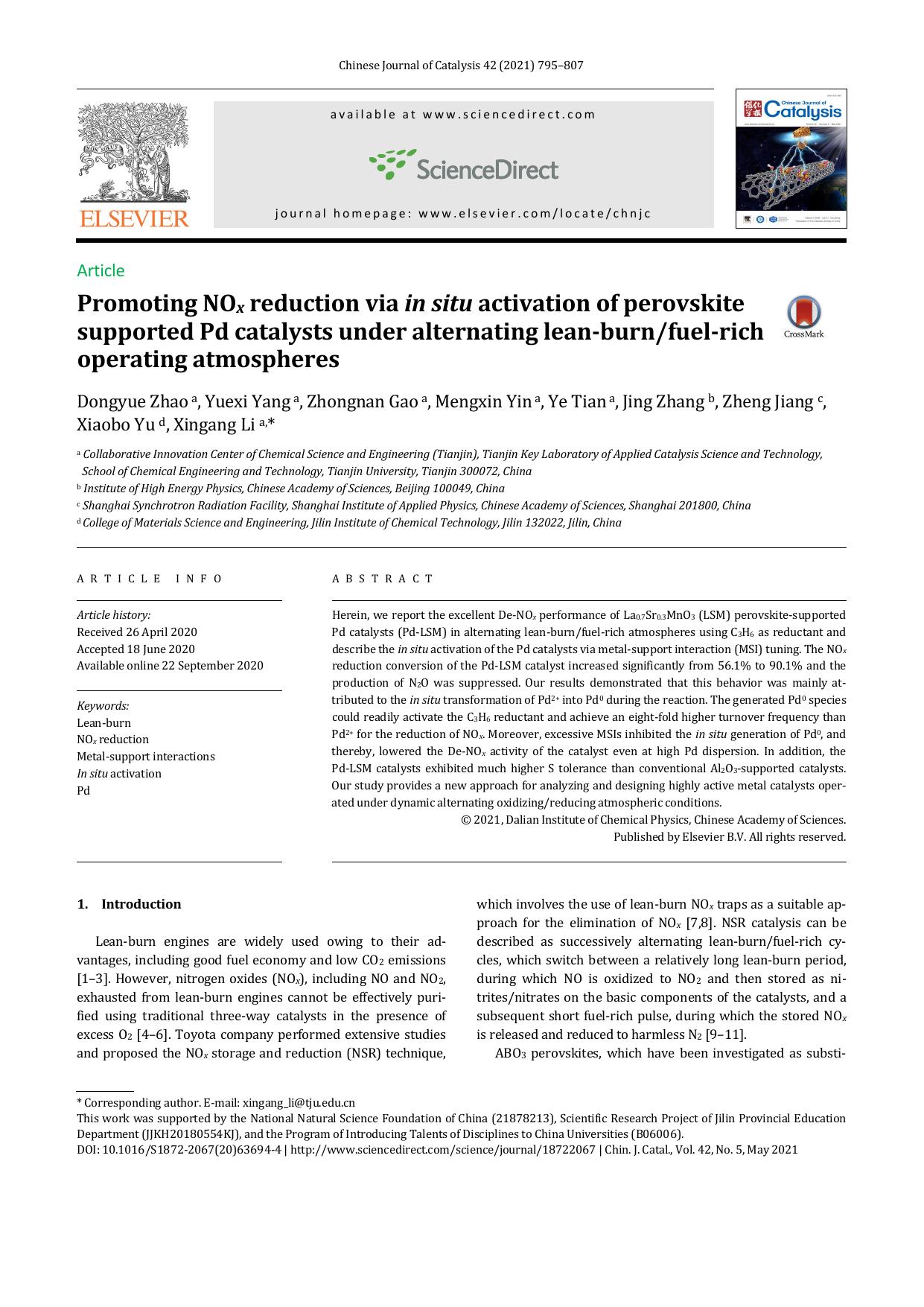 Promoting NOx reduction via in situ activation of perovskite supported Pd catalysts under alternating lean-burnfuel-rich operating atmospheres by unknow