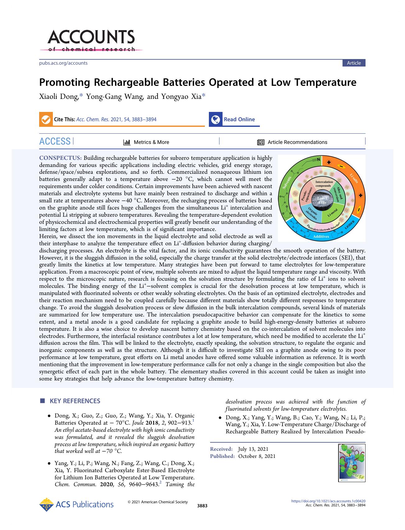 Promoting Rechargeable Batteries Operated at Low Temperature by Xiaoli Dong Yong-Gang Wang and Yongyao Xia