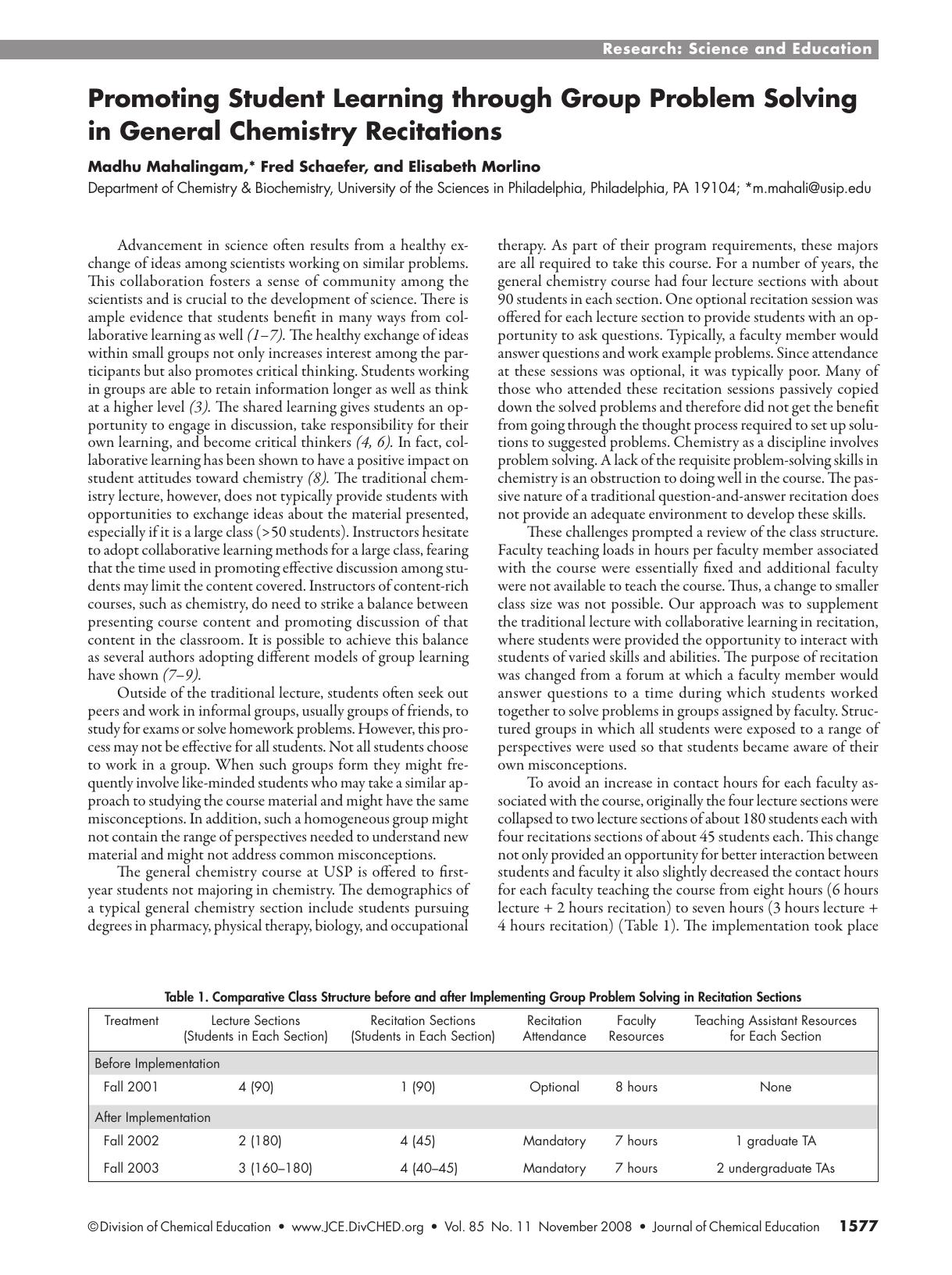 Promoting Student Learning through Group Problem Solving in General Chemistry Recitations by Madhu Mahalingam Fred Schaefer and Elisabeth Morlino