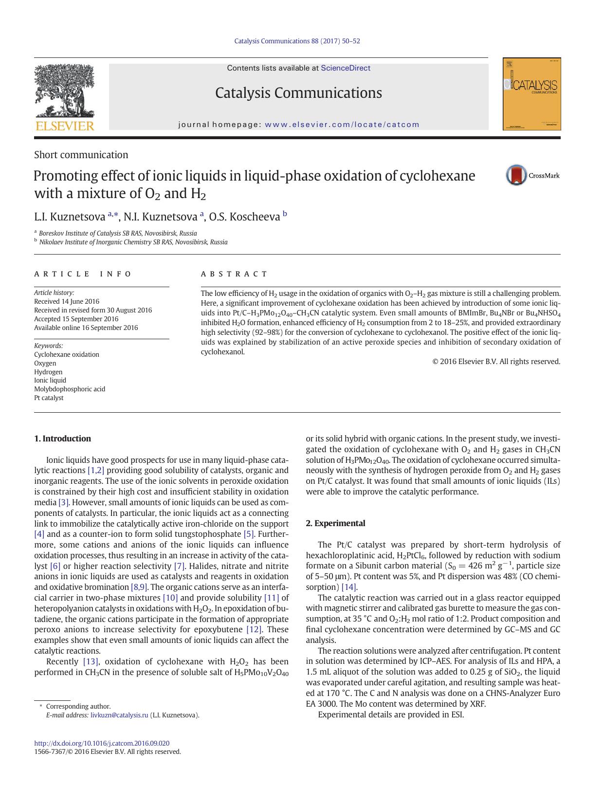 Promoting effect of ionic liquids in liquid-phase oxidation of cyclohexane with a mixture of Ð2 and Ð2 by L.I. Kuznetsova & N.I. Kuznetsova & O.S. Koscheeva
