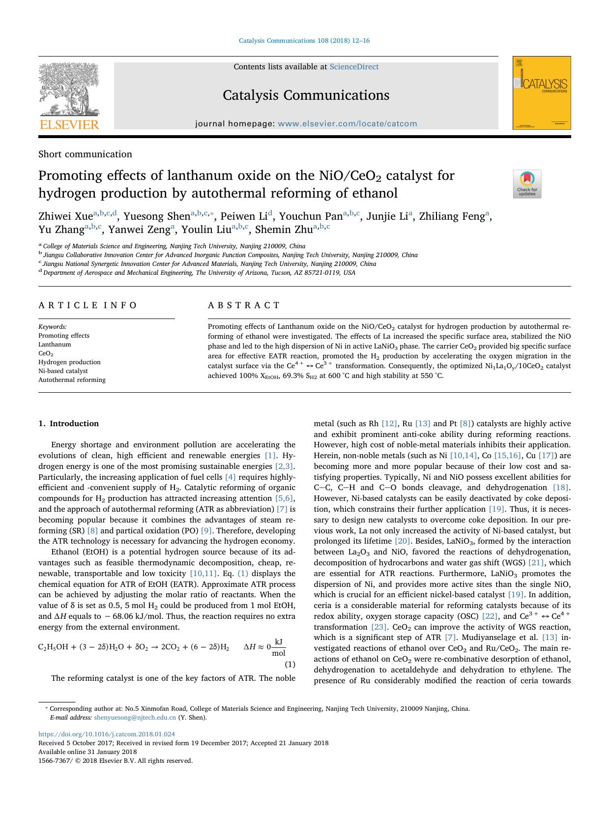 Promoting effects of lanthanum oxide on the NiOCeO2 catalyst for hydrogen production by autothermal reforming of ethanol by unknow