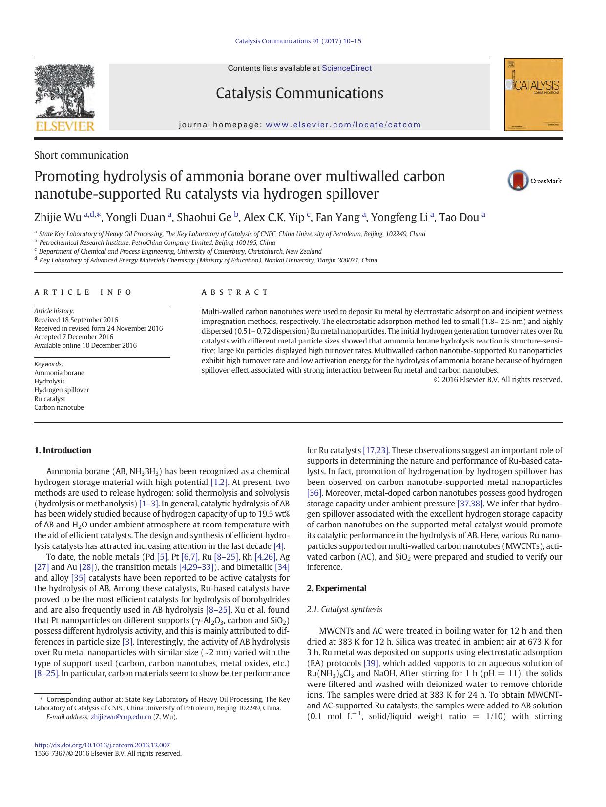 Promoting hydrolysis of ammonia borane over multiwalled carbon nanotube-supported Ru catalysts via hydrogen spillover by Zhijie Wu & Yongli Duan & Shaohui Ge & Alex C.K. Yip & Fan Yang & Yongfeng Li & Tao Dou