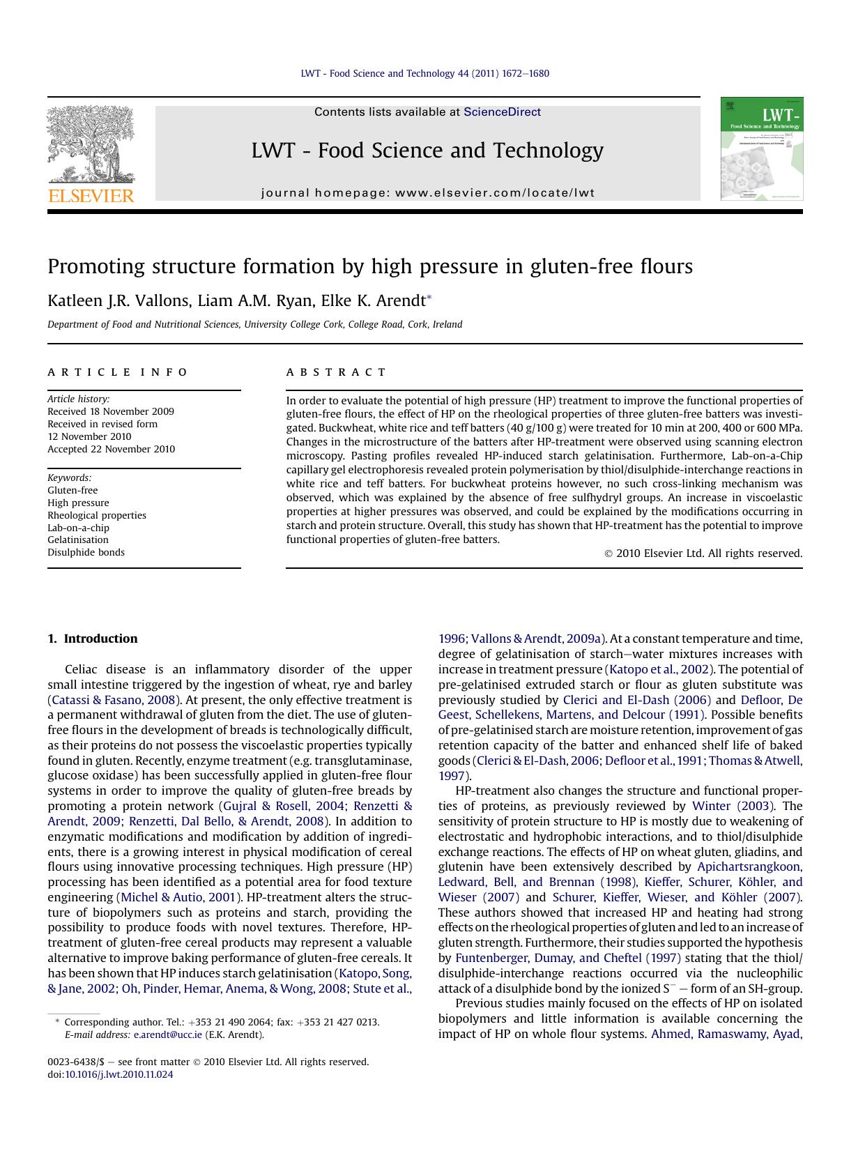 Promoting structure formation by high pressure in gluten-free flours by Katleen J.R. Vallons & Liam A.M. Ryan & Elke K. Arendt