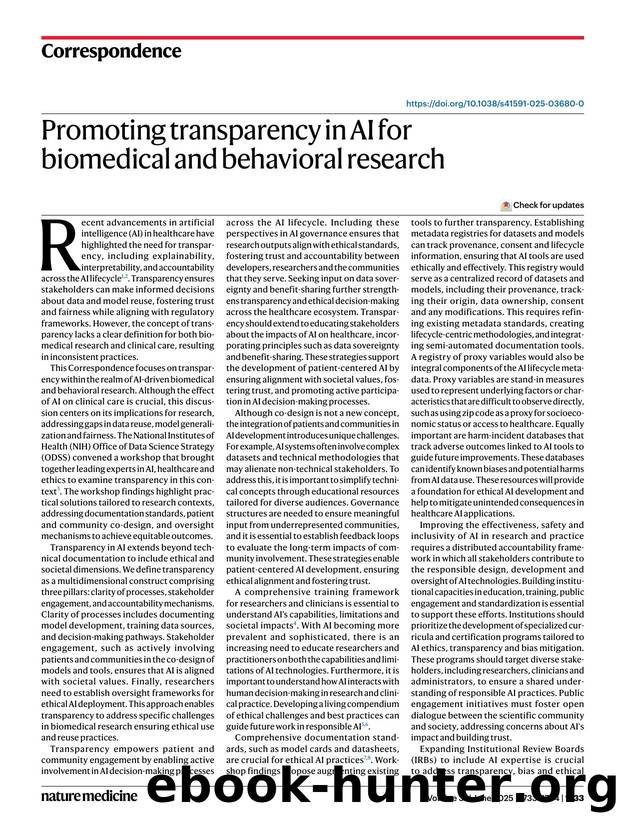 Promoting transparency in AI for biomedical and behavioral research by Tina Hernandez-Boussard & Aaron Y. Lee & Julia Stoyanovich & Laura Biven