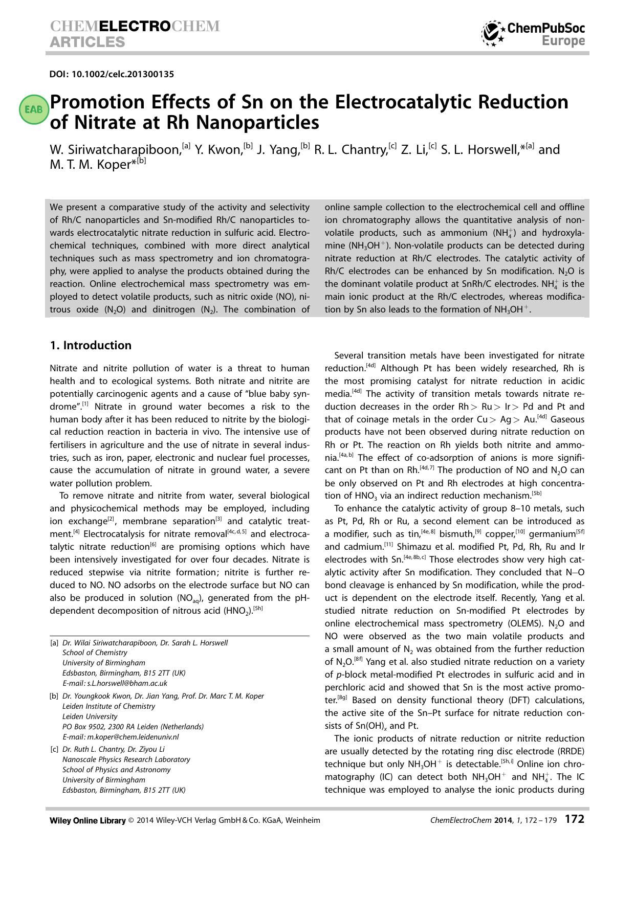 Promotion Effects of Sn on the Electrocatalytic Reduction of Nitrate at Rh Nanoparticles by Unknown