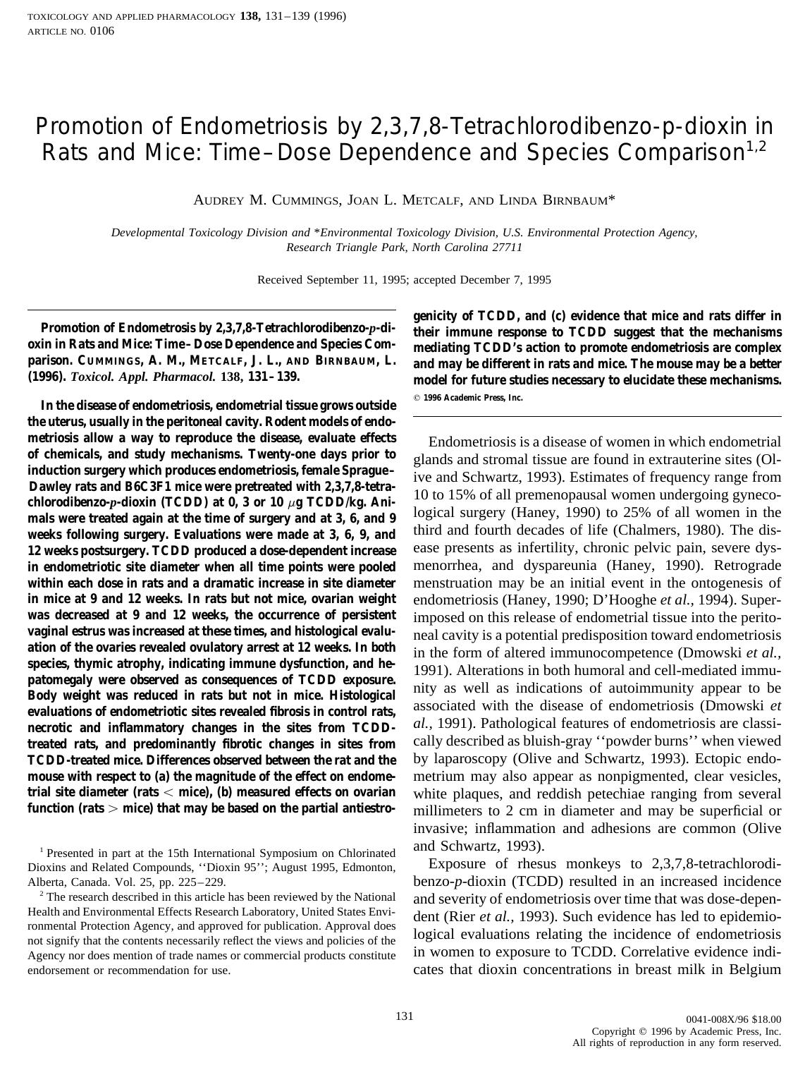 Promotion of Endometriosis by 2,3,7,8-Tetrachlorodibenzo-p-dioxin in Rats and Mice: Time-Dose Dependence and Species Comparison by Unknown