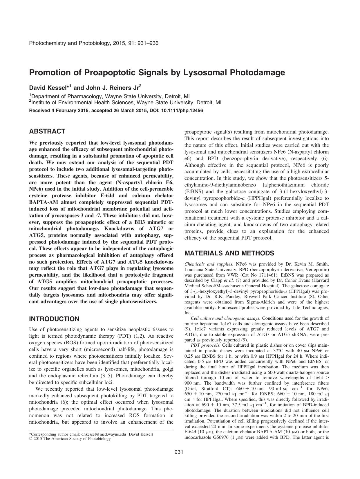Promotion of Proapoptotic Signals by Lysosomal Photodamage by Unknown