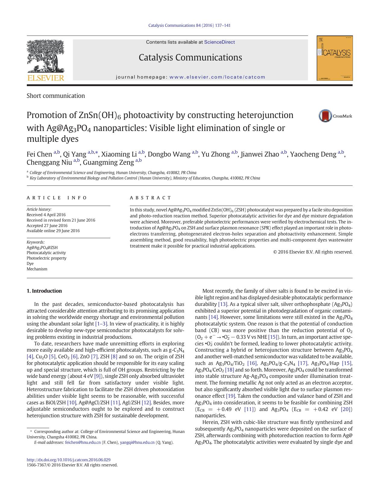 Promotion of ZnSn(OH)6 photoactivity by constructing heterojunction with Ag@Ag3PO4 nanoparticles: Visible light elimination of single or multiple dyes by unknow