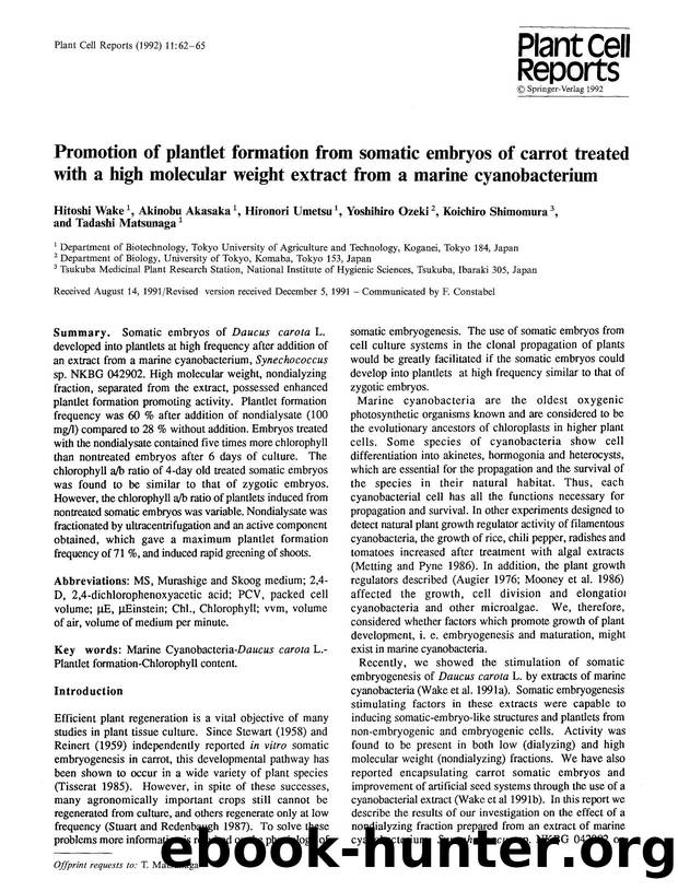 Promotion of plantlet formation from somatic embryos of carrot treated with a high molecular weight extract from a marine cyanobacterium by Unknown