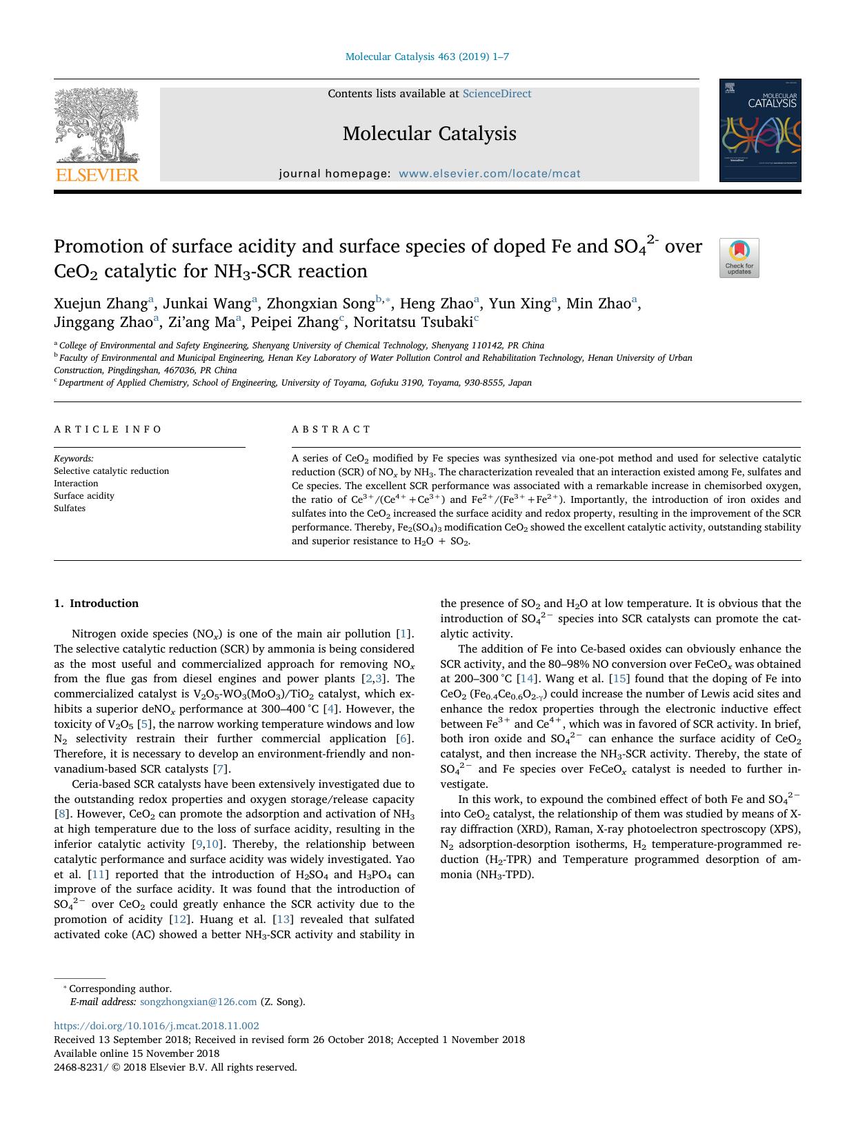 Promotion of surface acidity and surface species of doped Fe and SO42- over CeO2 catalytic for NH3-SCR reaction by unknow