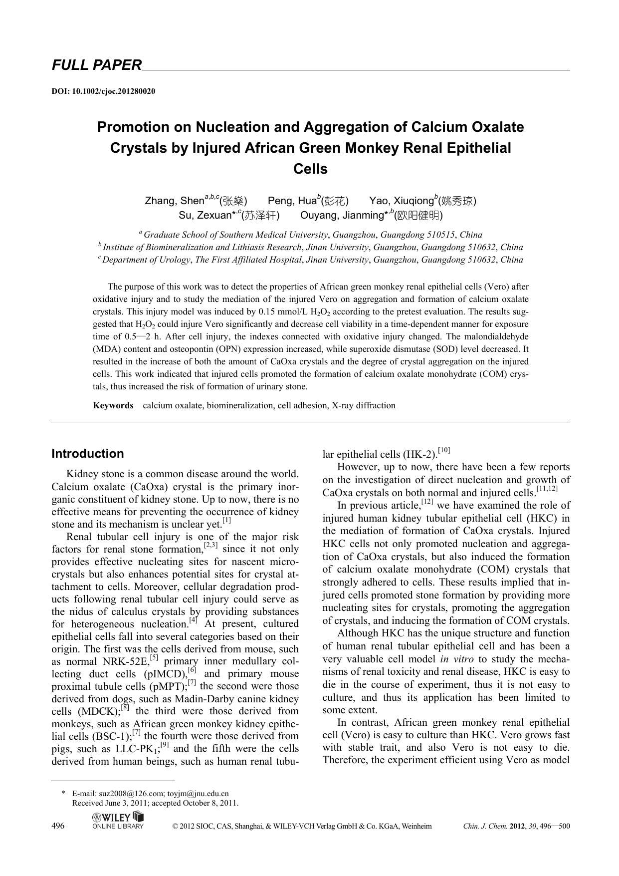 Promotion on Nucleation and Aggregation of Calcium Oxalate Crystals by Injured African Green Monkey Renal Epithelial Cells by uy