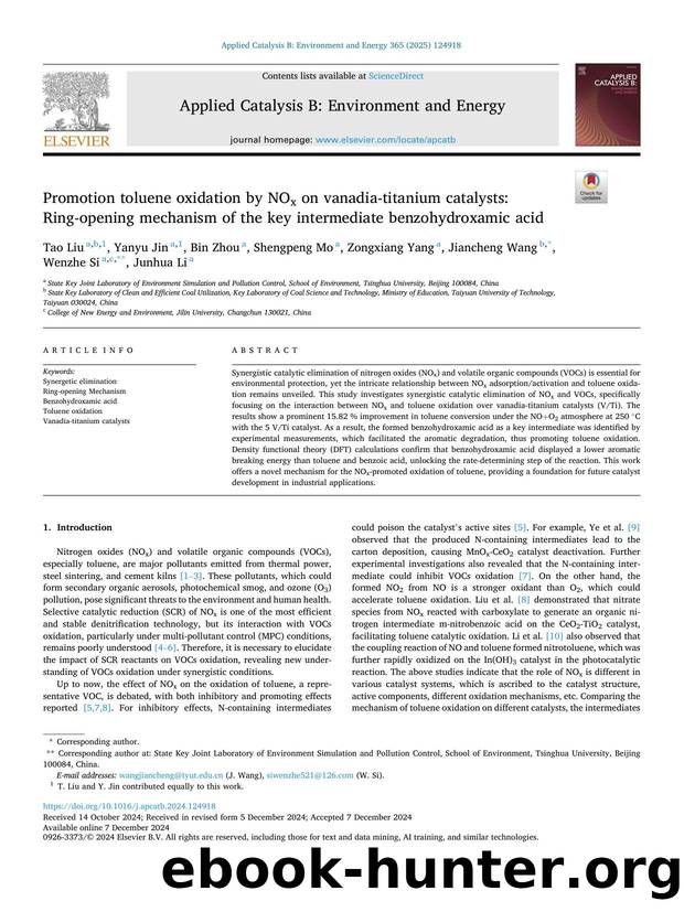 Promotion toluene oxidation by NOx on vanadia-titanium catalysts: Ring-opening mechanism of the key intermediate benzohydroxamic acid by unknow