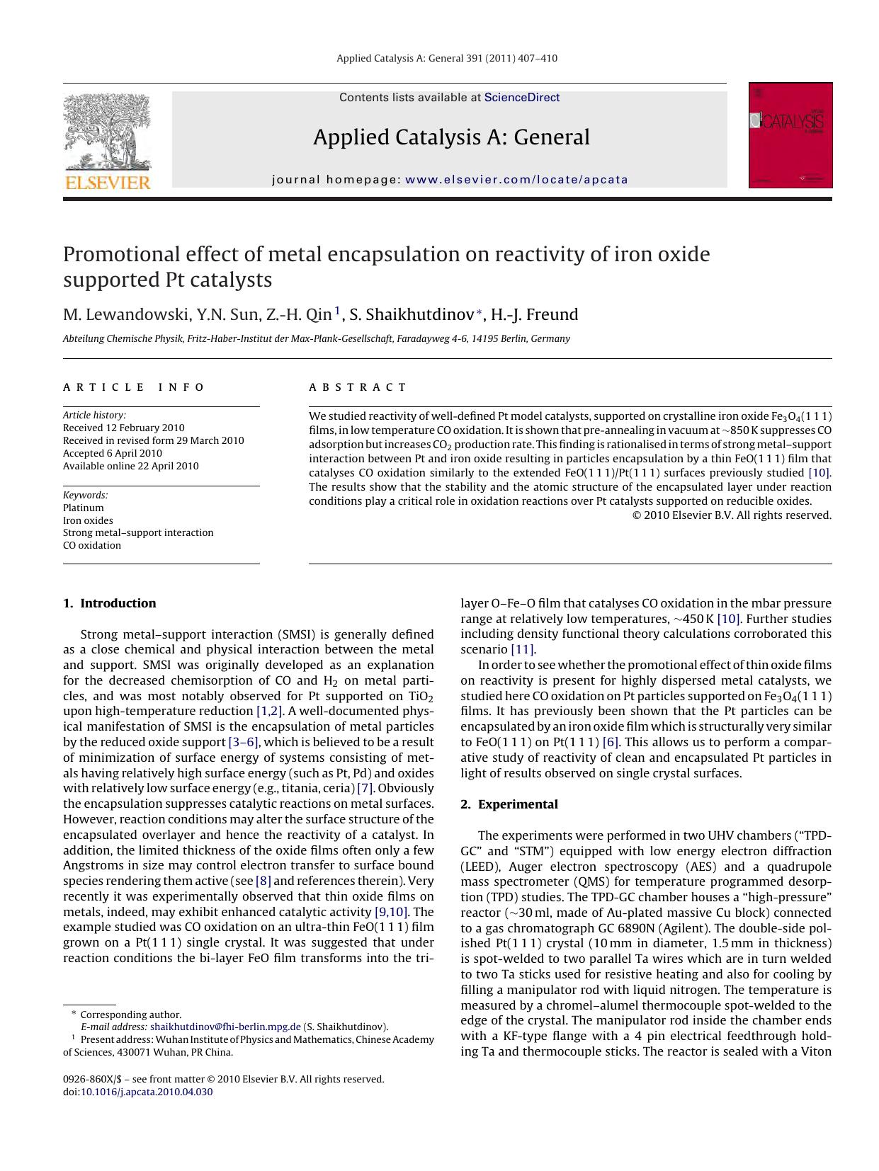 Promotional effect of metal encapsulation on reactivity of iron oxide supported Pt catalysts by M. Lewandowski & Y.N. Sun & Z.-H. Qin & S. Shaikhutdinov & H.-J. Freund