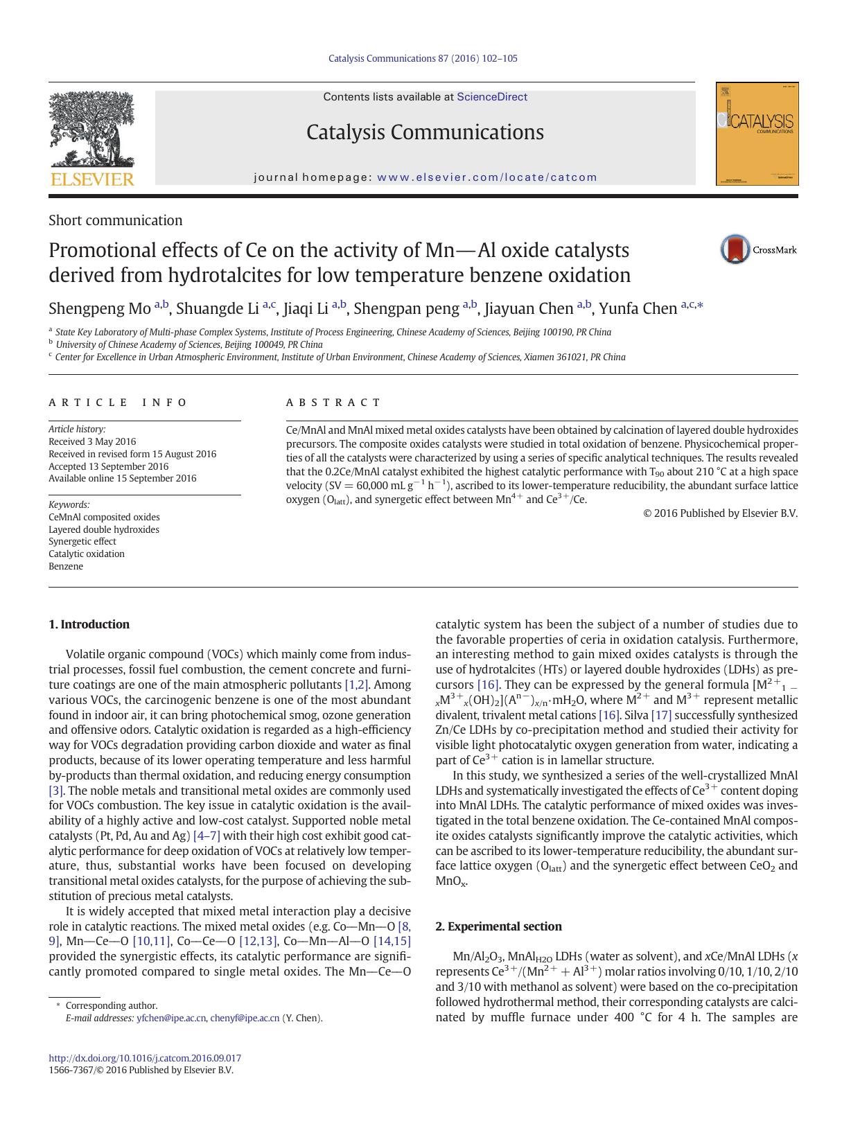 Promotional effects of Ce on the activity of MnâAl oxide catalysts derived from hydrotalcites for low temperature benzene oxidation by Shengpeng Mo & Shuangde Li & Jiaqi Li & Shengpan peng & Jiayuan Chen & Yunfa Chen