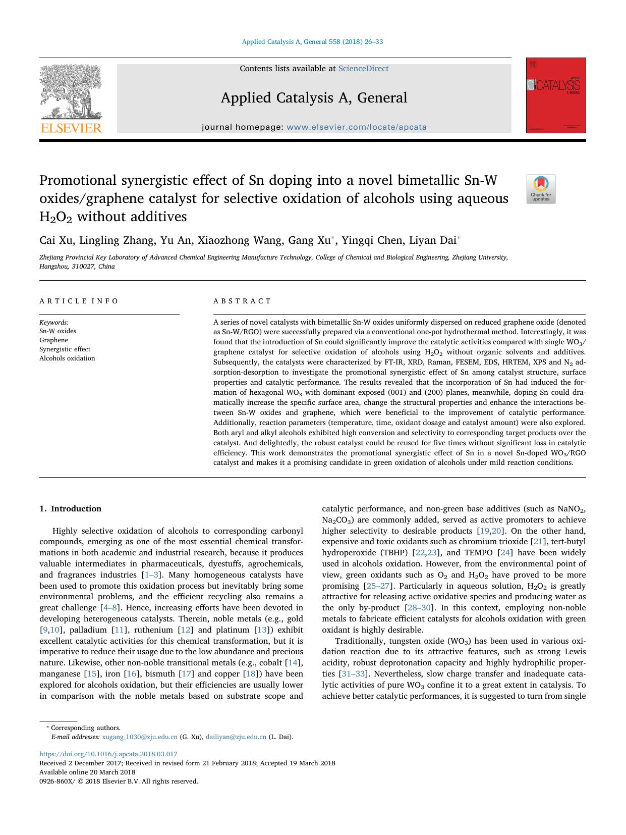 Promotional synergistic effect of Sn doping into a novel bimetallic Sn-W oxidesgraphene catalyst for selective oxidation of alcohols using aqueous H2O2 without additives by Cai Xu & Lingling Zhang & Yu An & Xiaozhong Wang & Gang Xu & Yingqi Chen & Liyan Dai