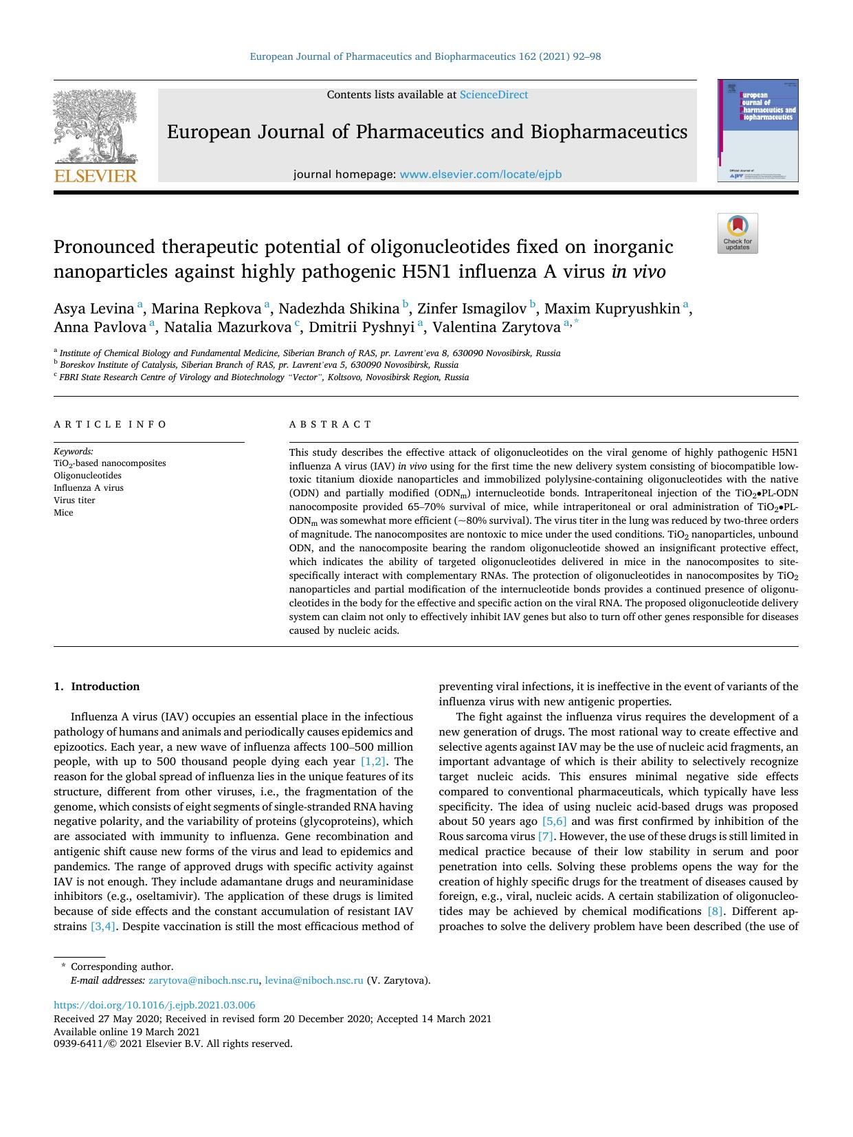 Pronounced therapeutic potential of oligonucleotides fixed on inorganic nanoparticles against highly pathogenic H5N1 influenza A virus in vivo by unknow