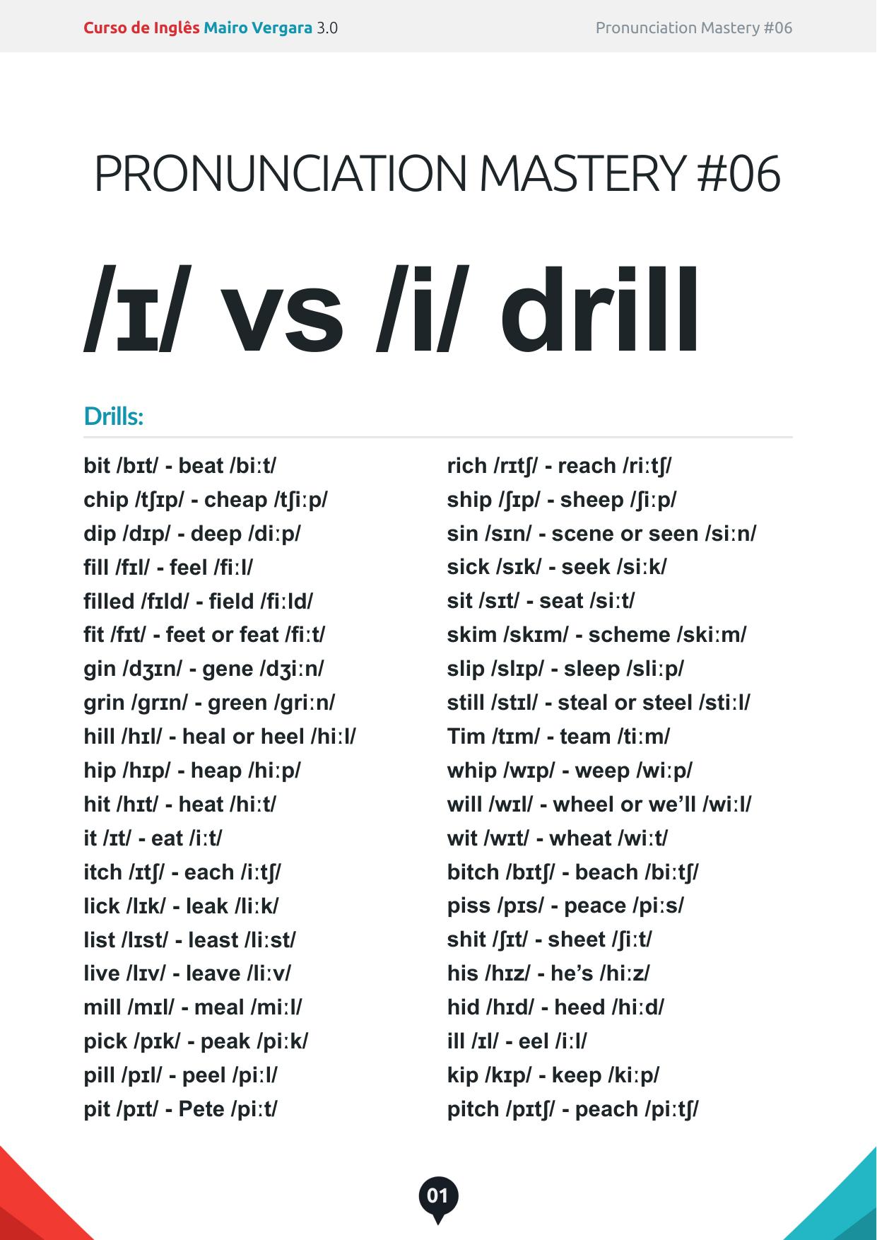 Pronunciation Mastery 06 by ɪ vs i drills