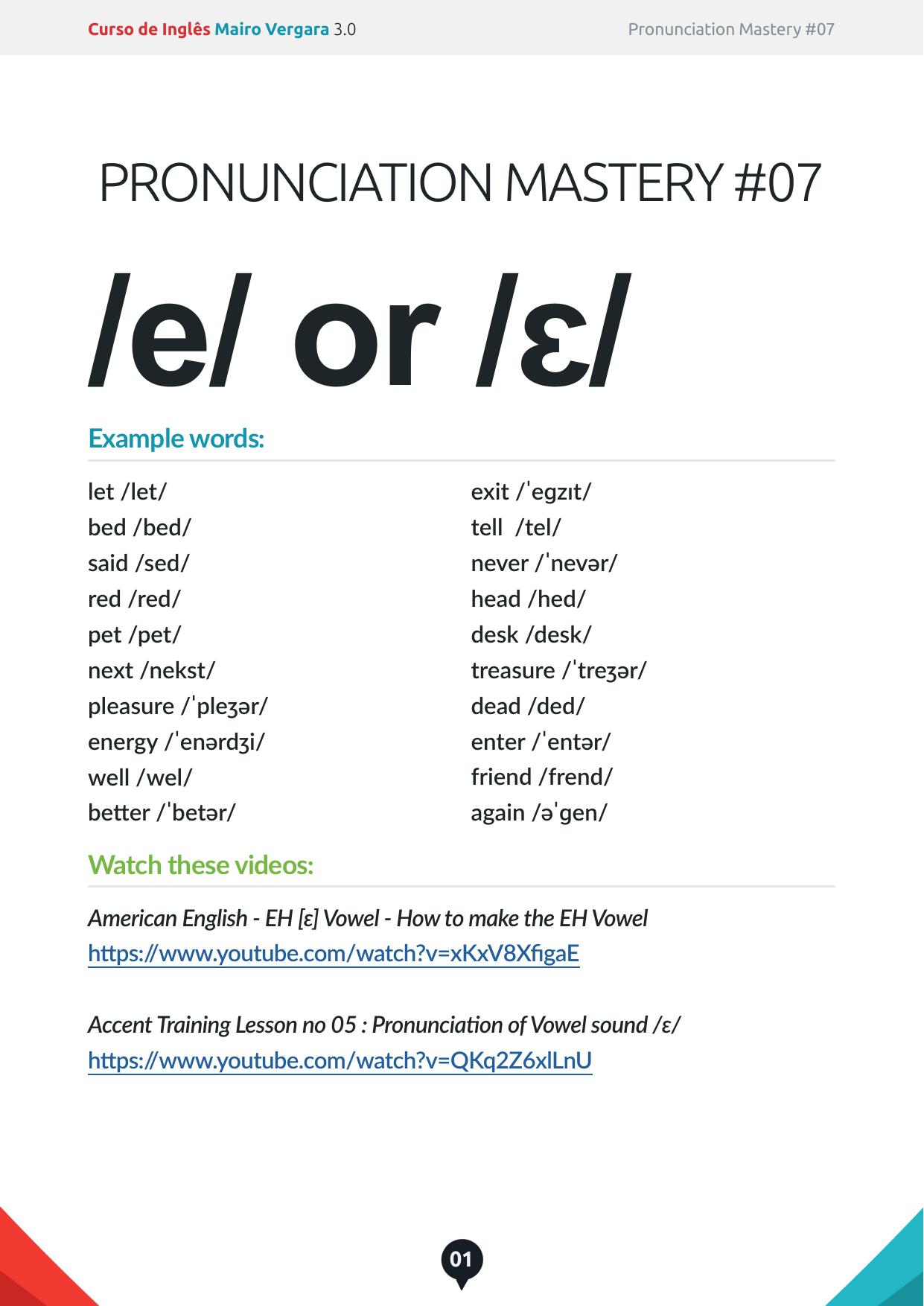 Pronunciation Mastery 07 by e sound as in BED