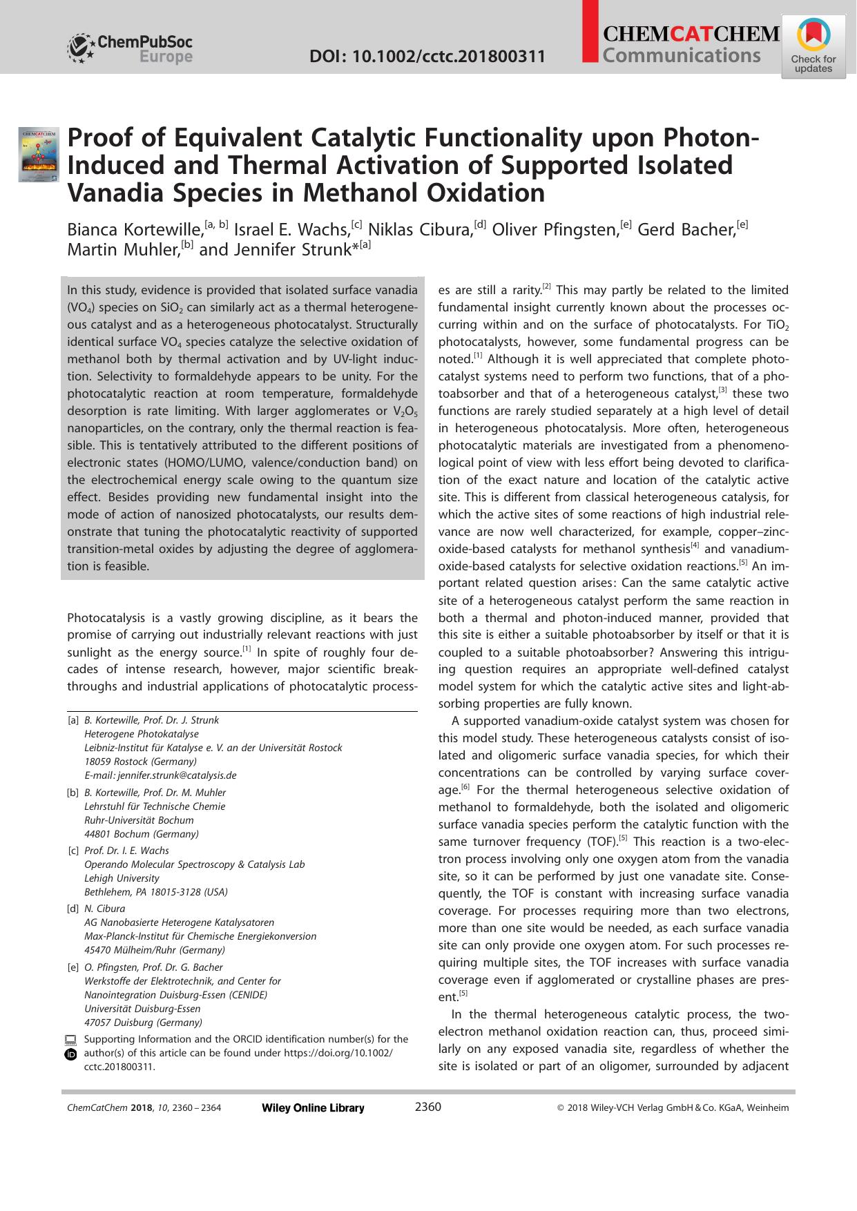 Proof of Equivalent Catalytic Functionality upon PhotonâInduced and Thermal Activation of Supported Isolated Vanadia Species in Methanol Oxidation by Unknown