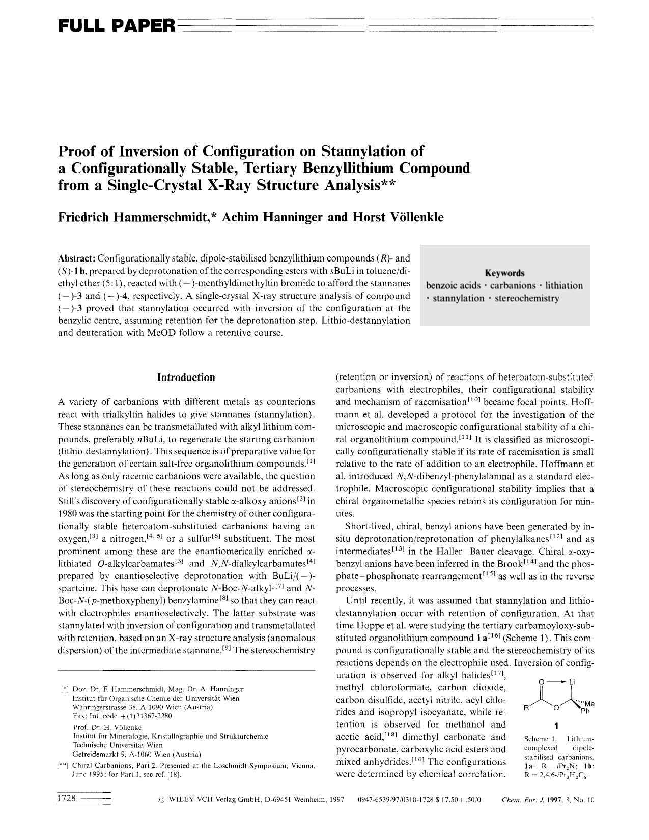Proof of Inversion of Configuration on Stannylation of a Configurationally Stable, Tertiary Benzyllithium Compound from a Single-Crystal X-Ray Structure Analysis by Unknown