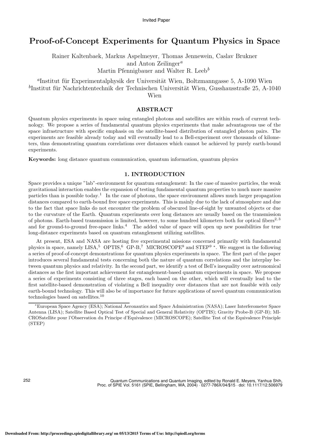 Proof-of-Concept Experiments for Quantum Physics in Space (2004) by Unknown