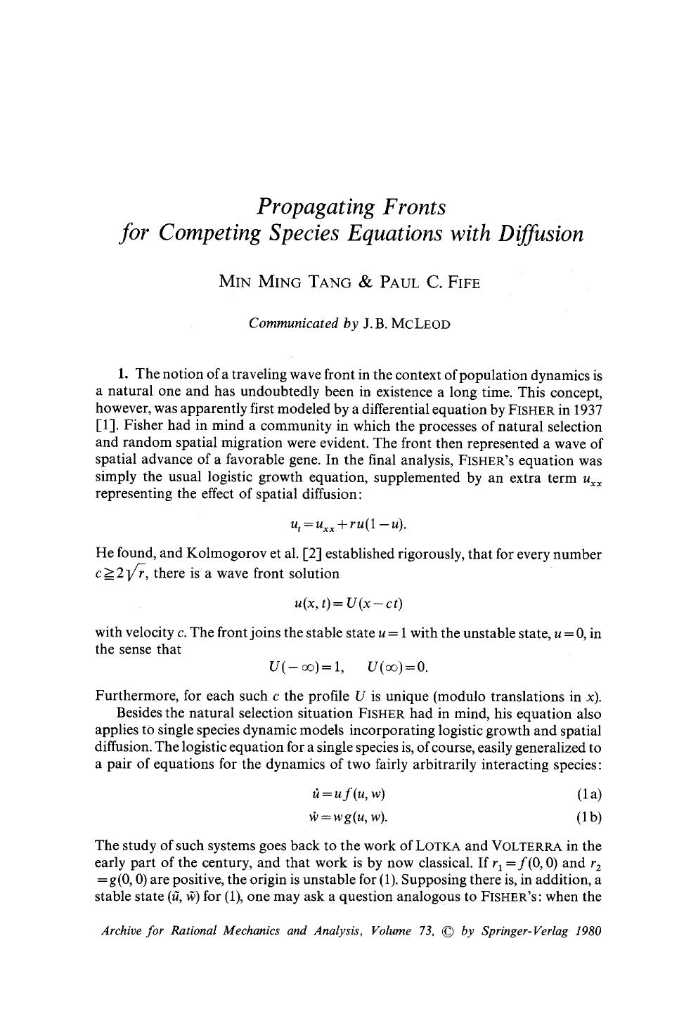 Propagating fronts for competing species equations with diffusion by Unknown