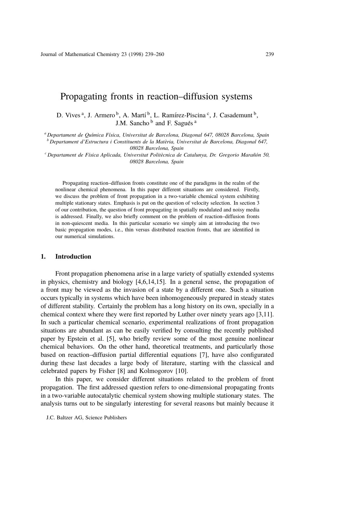 Propagating fronts in reaction&#x2013;diffusion systems by Unknown