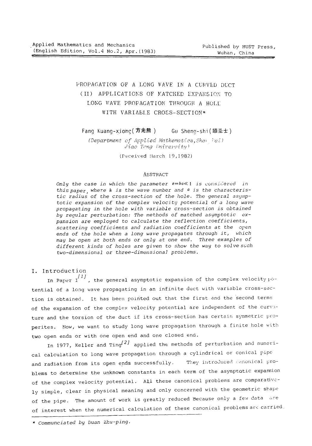 Propagation of a long wave in a curved duct (II) applications of matched expansion to long wave propagation through a hole with variable cross-section by Unknown