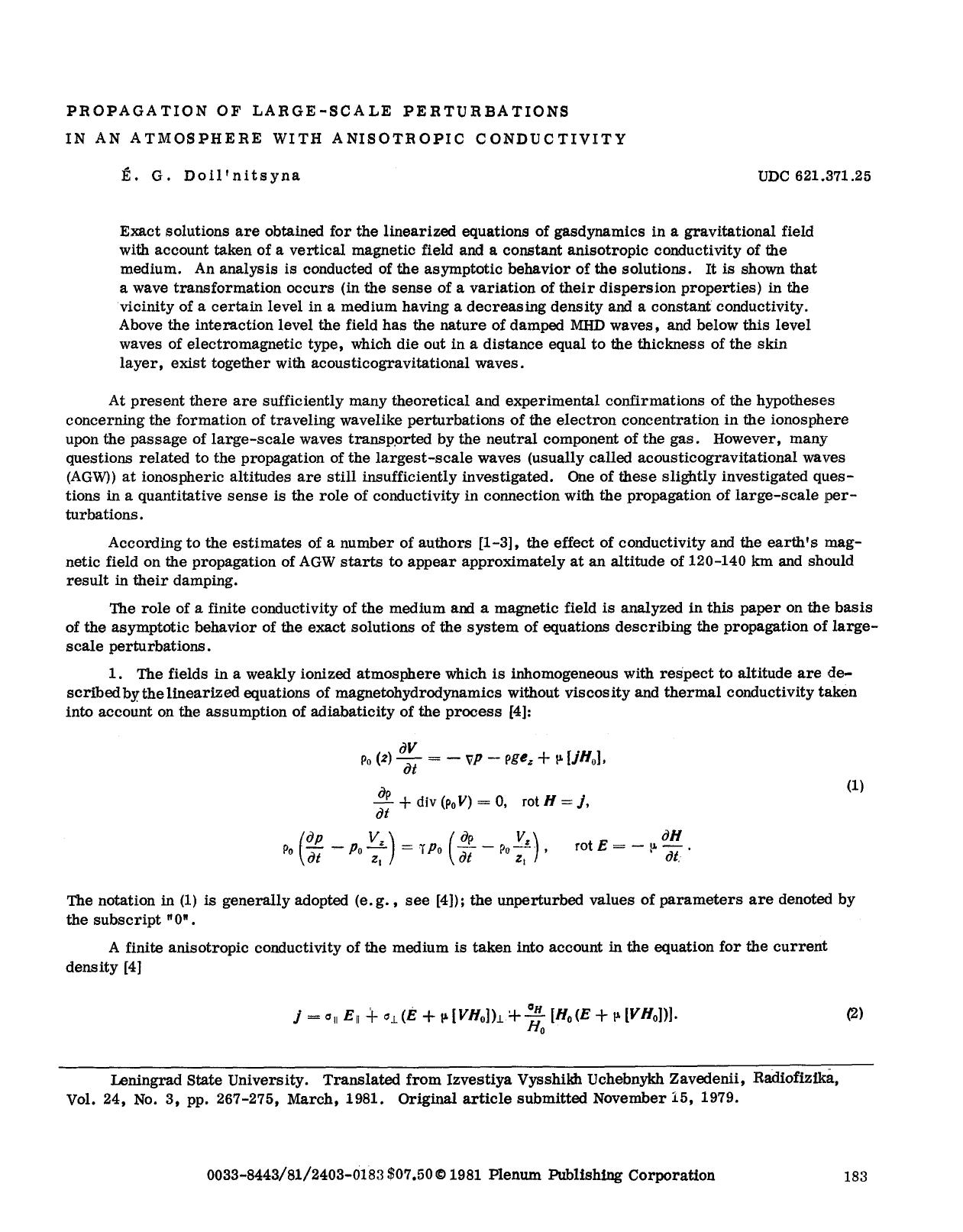 Propagation of large-scale perturbations in an atmosphere with anisotropic conductivity by Unknown