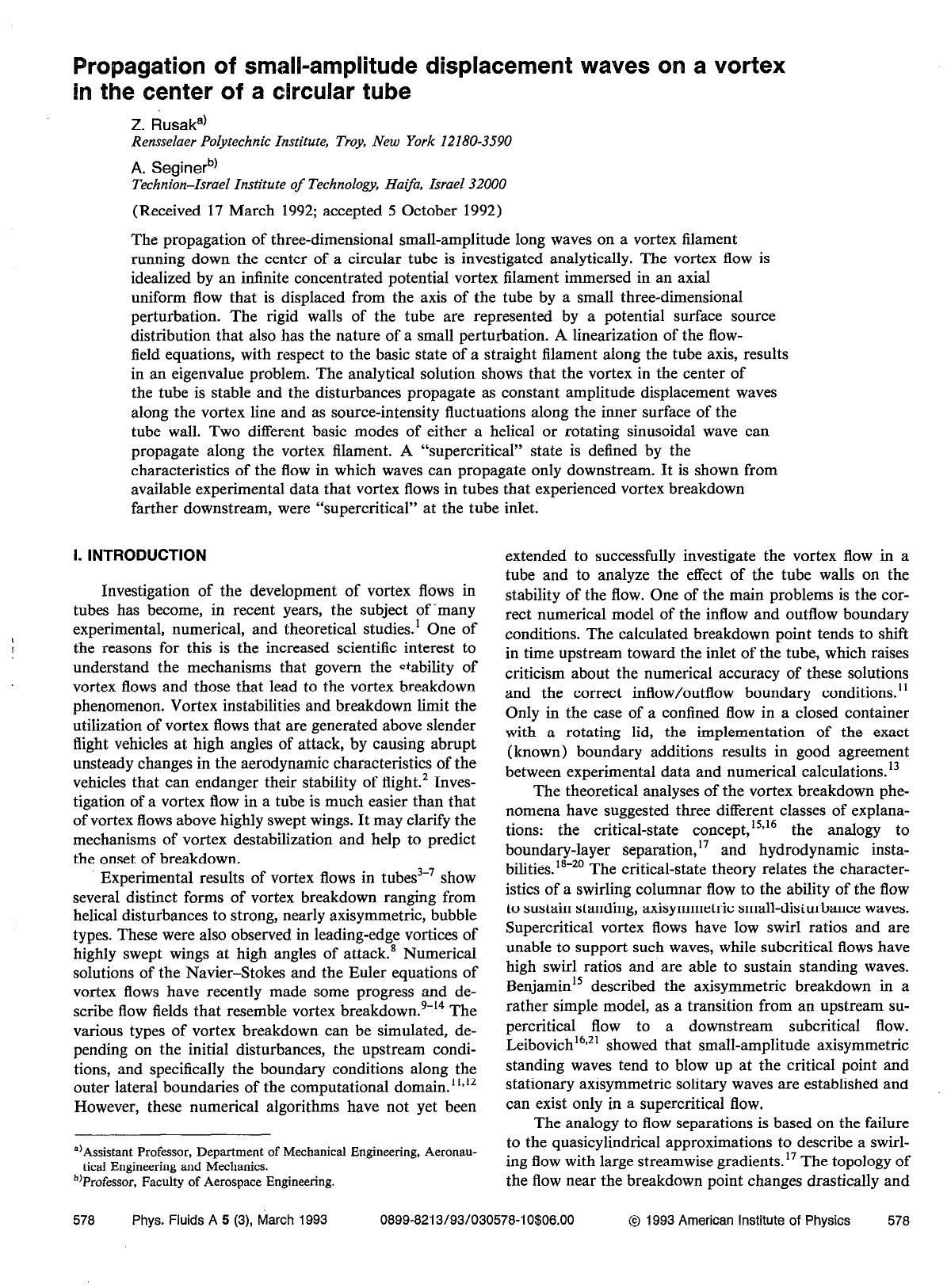 Propagation of small-amplitude displacement waves on a vortex in the center of a circular tube by Z. Rusak; A. Seginer