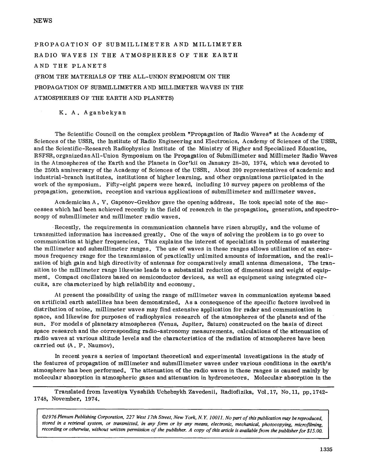 Propagation of submillimeter and millimeter radio waves in the atmospheres of the earth and the planets by Unknown