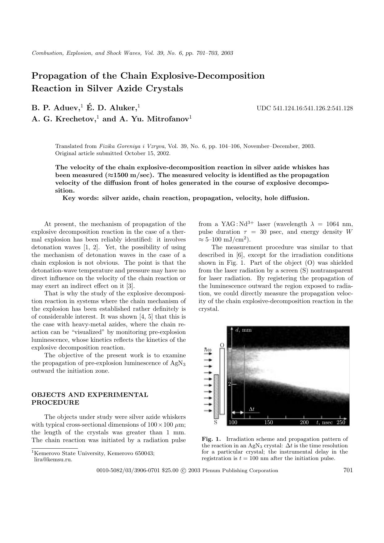 Propagation of the Chain Explosive‐Decomposition Reaction in Silver Azide Crystals by Unknown