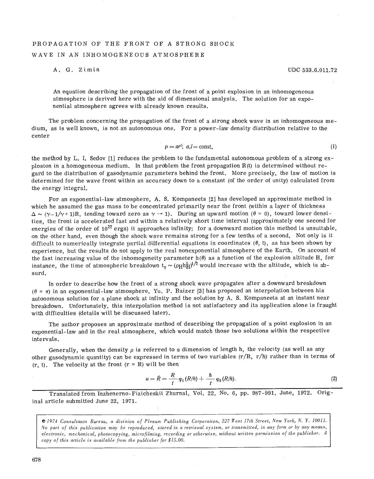 Propagation of the front of a strong shock wave in an inhomogeneous atmosphere by Unknown