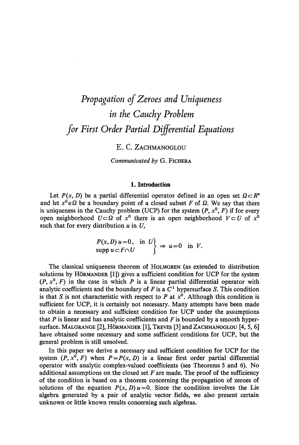 Propagation of zeroes and uniqueness in the Cauchy problem for first order partial differential equations by Unknown