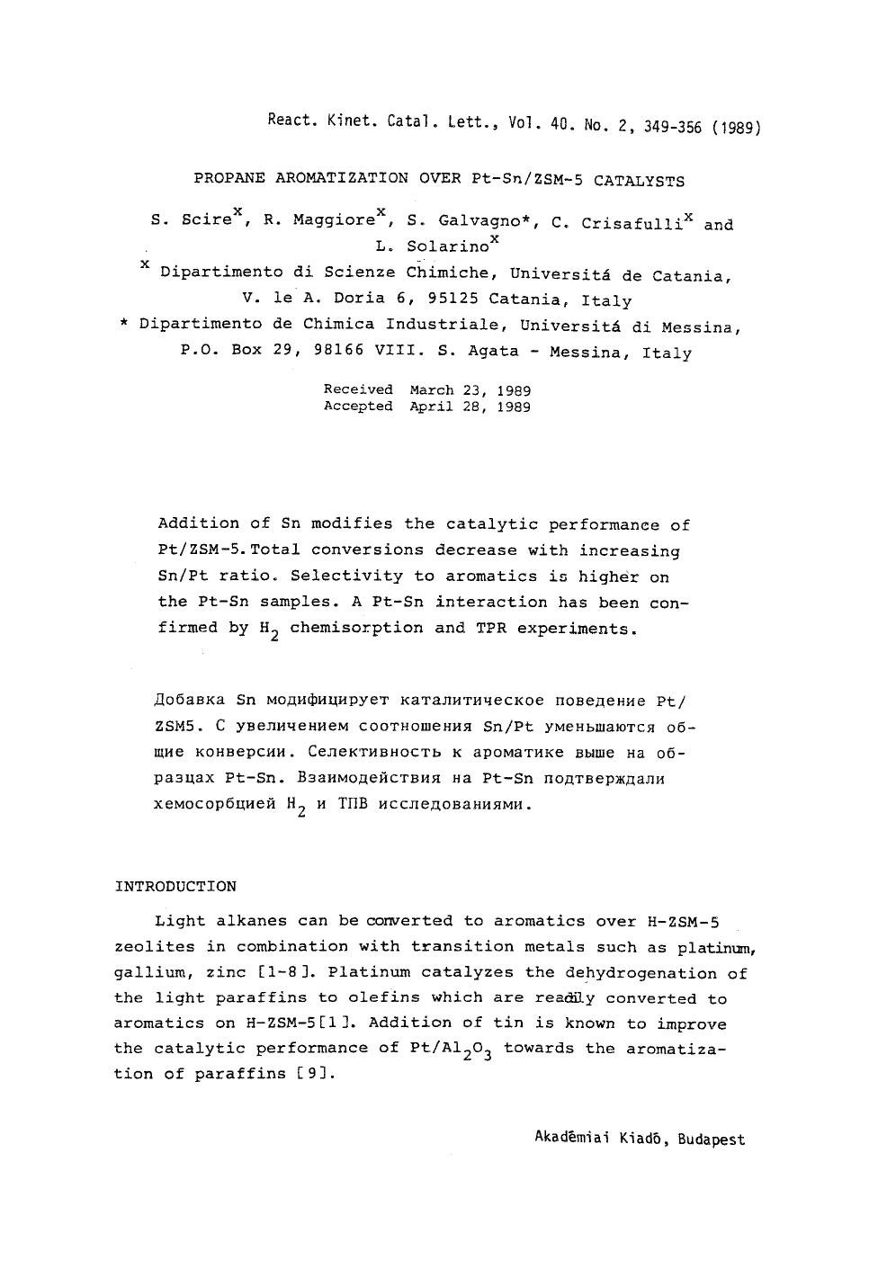 Propane aromatization over Pt&#x2212;SnZSM-5 catalysts by Unknown