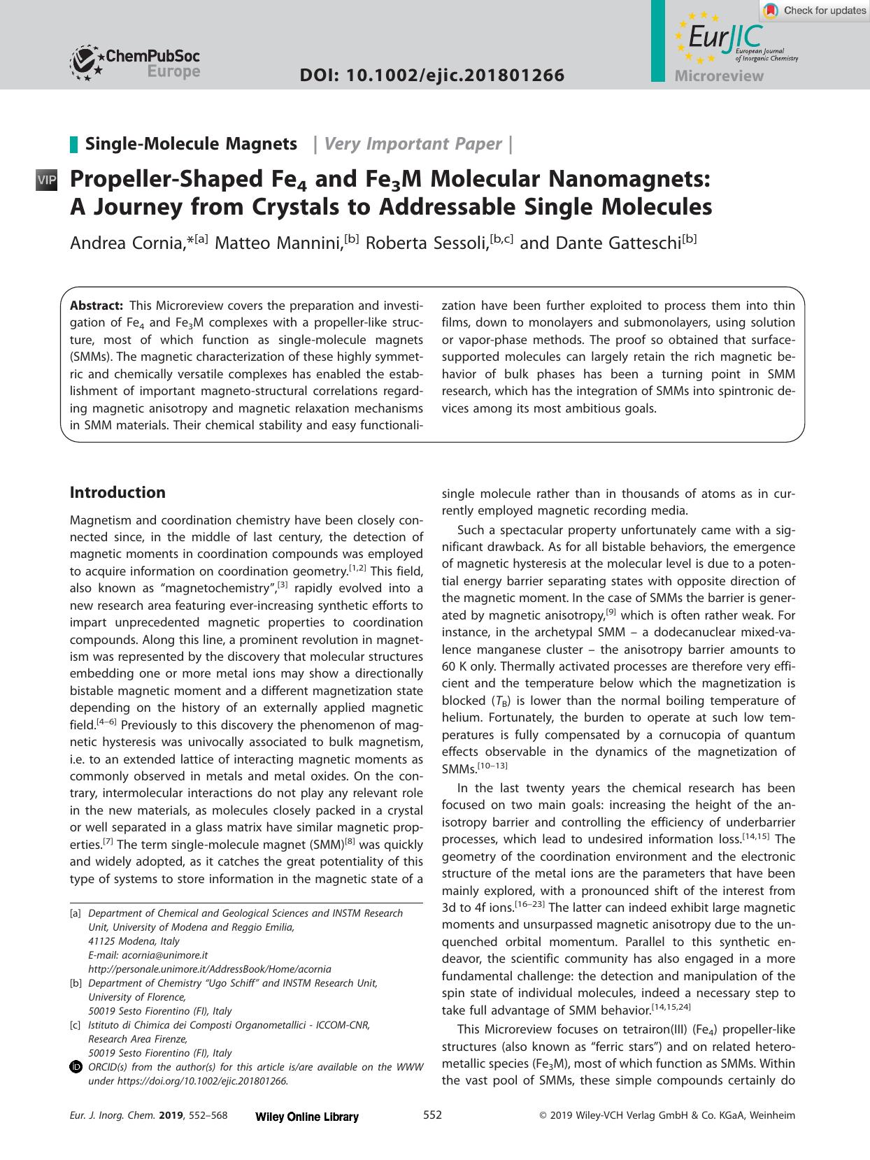 PropellerâShaped Fe4 and Fe3M Molecular Nanomagnets: A Journey from Crystals to Addressable Single Molecules by Unknown