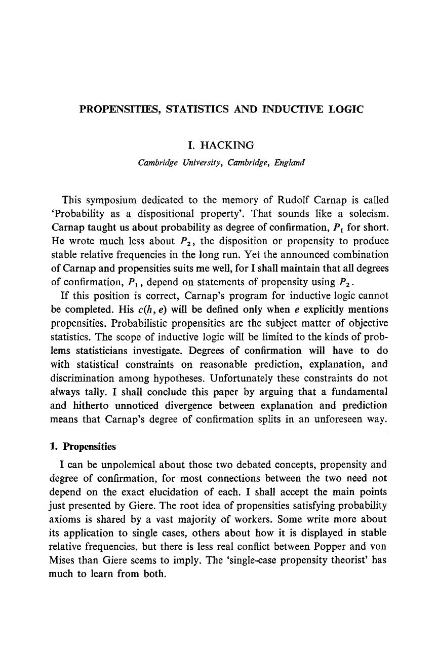 Propensities, Statistics and Inductive Logic by I. Hacking