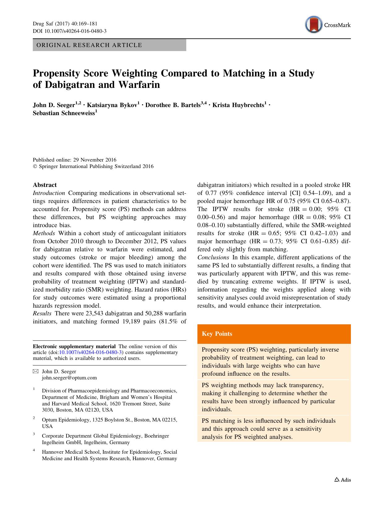 Propensity Score Weighting Compared to Matching in a Study of Dabigatran and Warfarin by John D. Seeger & Katsiaryna Bykov & Dorothee B. Bartels & Krista Huybrechts & Sebastian Schneeweiss