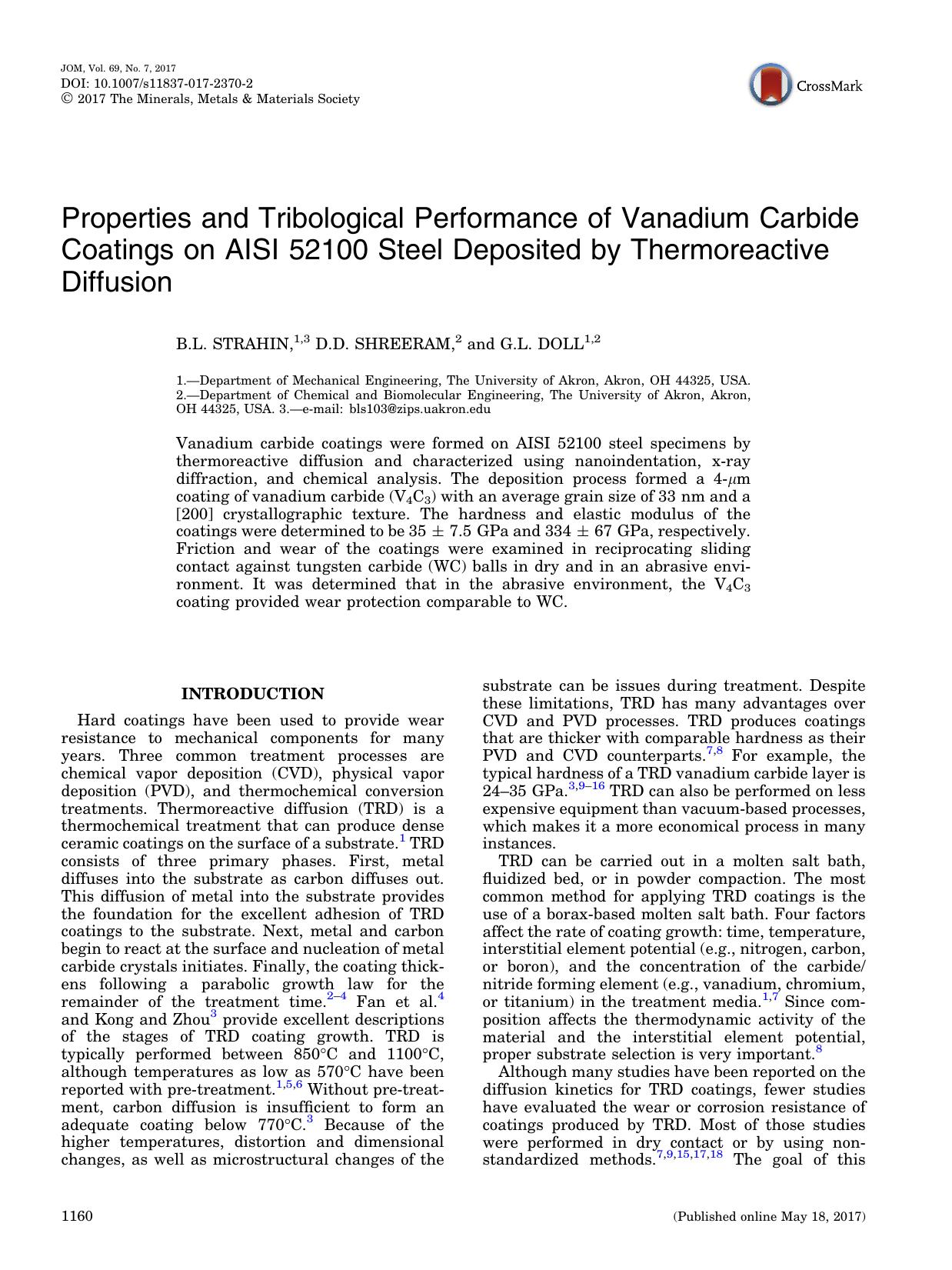 Properties and Tribological Performance of Vanadium Carbide Coatings on AISI 52100 Steel Deposited by Thermoreactive Diffusion by B. L. Strahin & D. D. Shreeram & G. L. Doll
