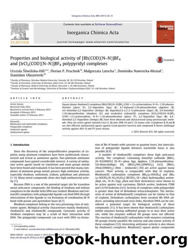 Properties and biological activity of [Rh(COD)(NâN)]BF4 and [IrCl2(COD)(NâN)]BF4 polypyridyl complexes by unknow