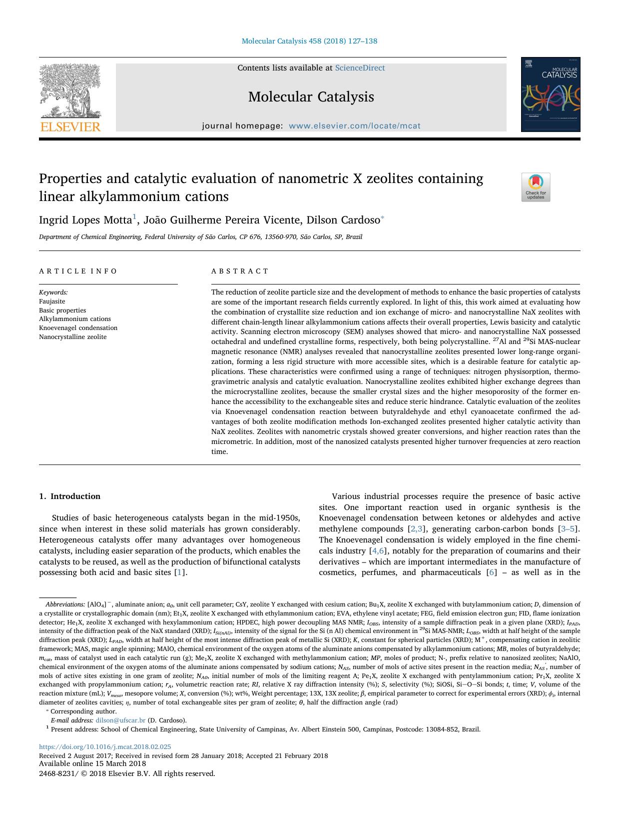 Properties and catalytic evaluation of nanometric X zeolites containing linear alkylammonium cations by Ingrid Lopes Motta & João Guilherme Pereira Vicente & Dilson Cardoso
