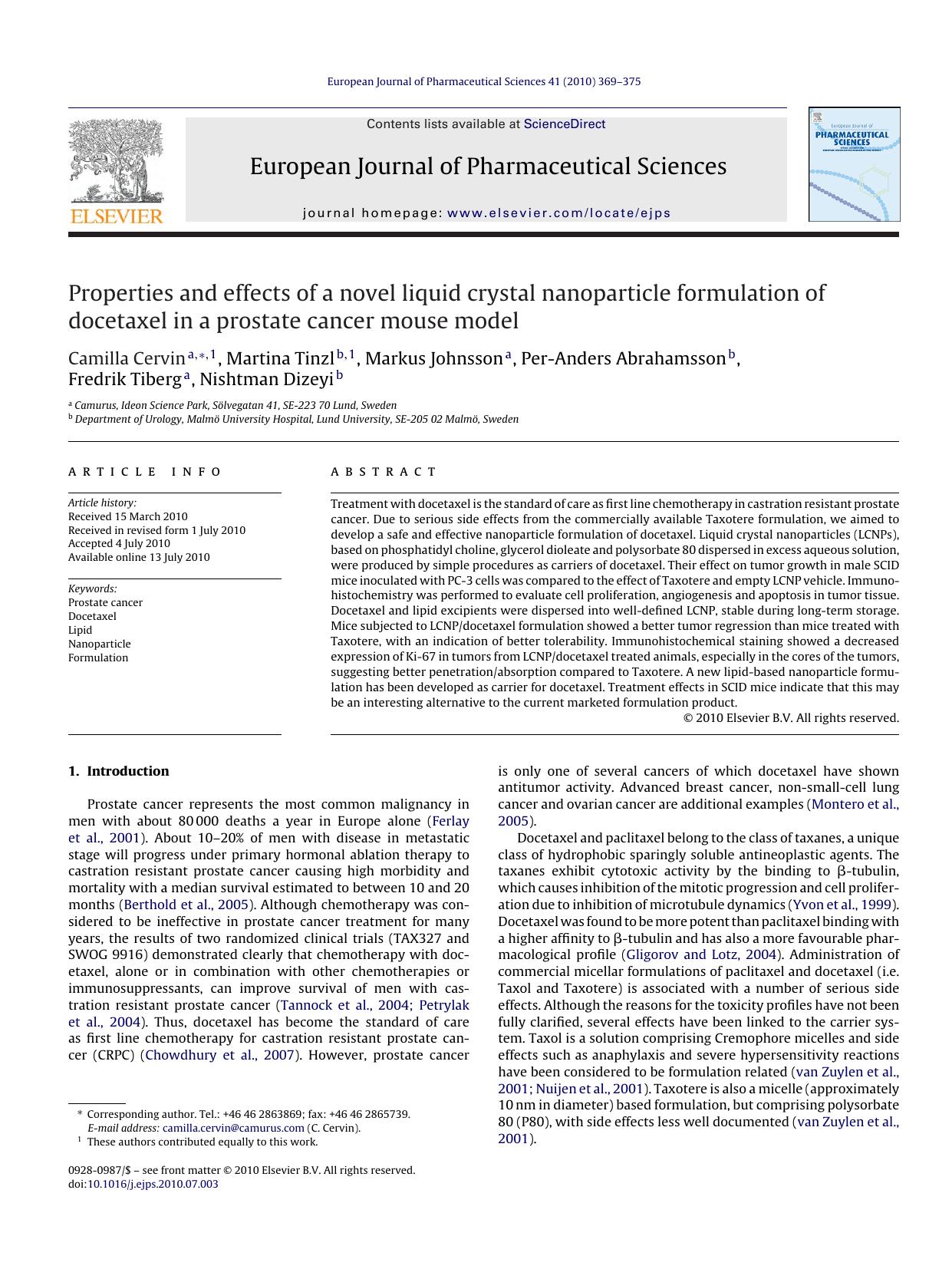 Properties and effects of a novel liquid crystal nanoparticle formulation of docetaxel in a prostate cancer mouse model by Camilla Cervin
