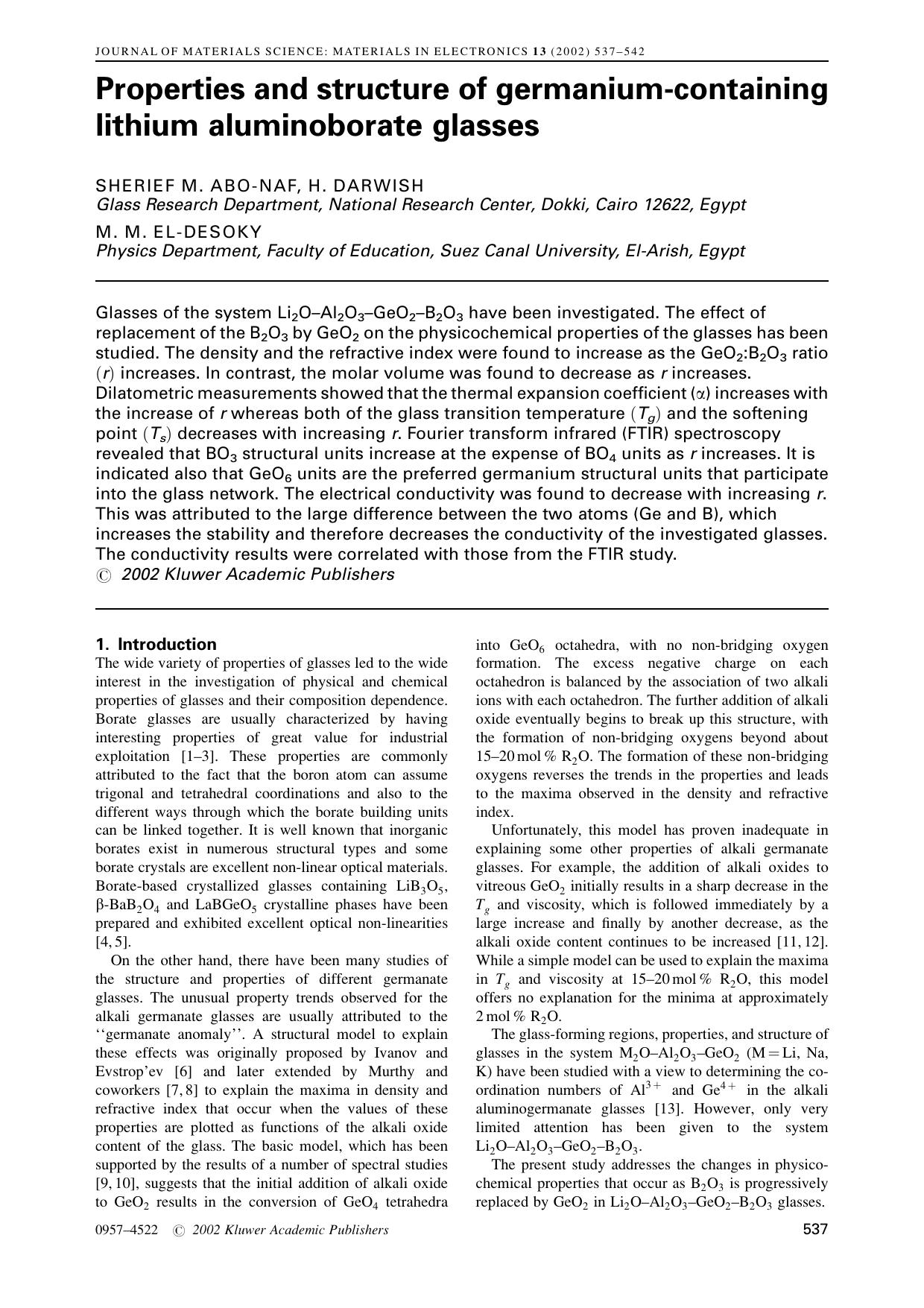 Properties and structure of germanium-containing lithium aluminoborate glasses by Unknown