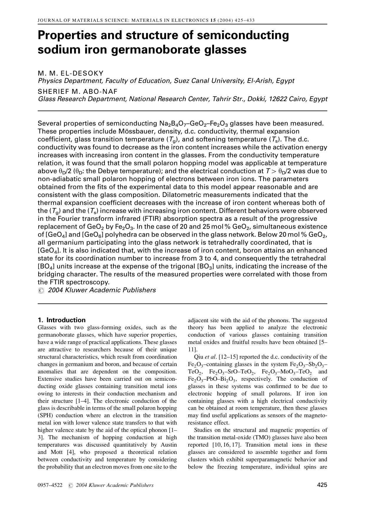 Properties and structure of semiconducting sodium iron germanoborate glasses by Unknown