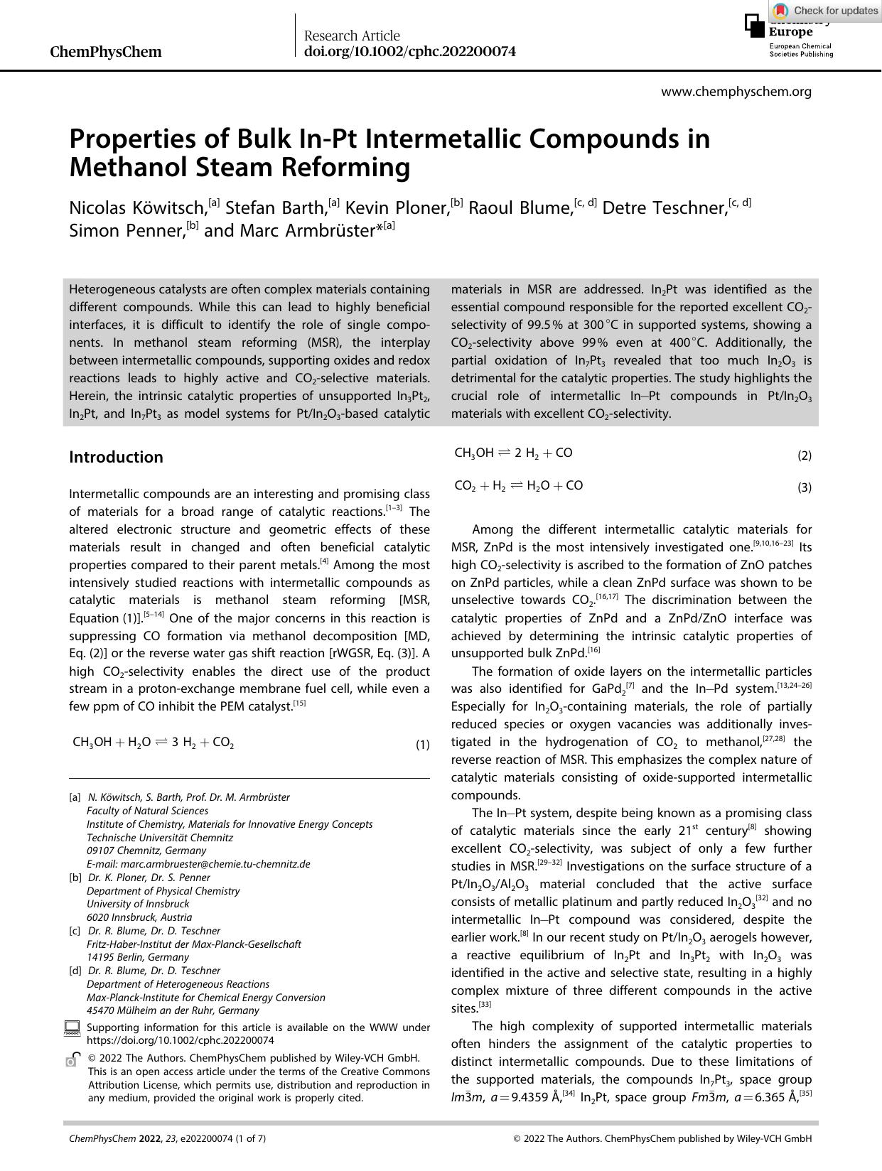 Properties of Bulk InâPt Intermetallic Compounds in Methanol Steam Reforming by Unknown