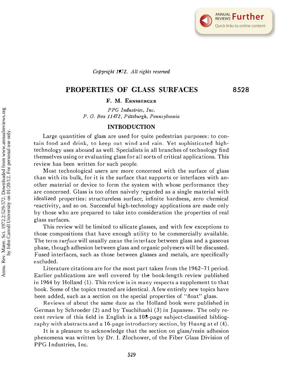 Properties of Glass Surfaces by F M Ernsberger