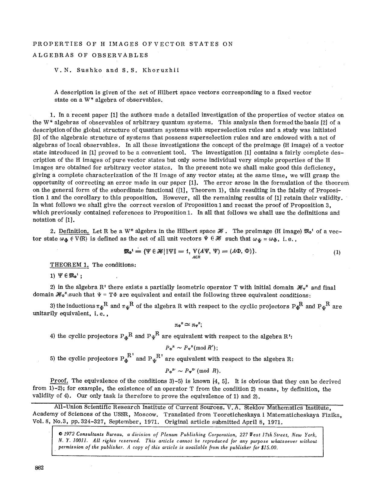 Properties of H images of vector states on algebras of observables by Unknown